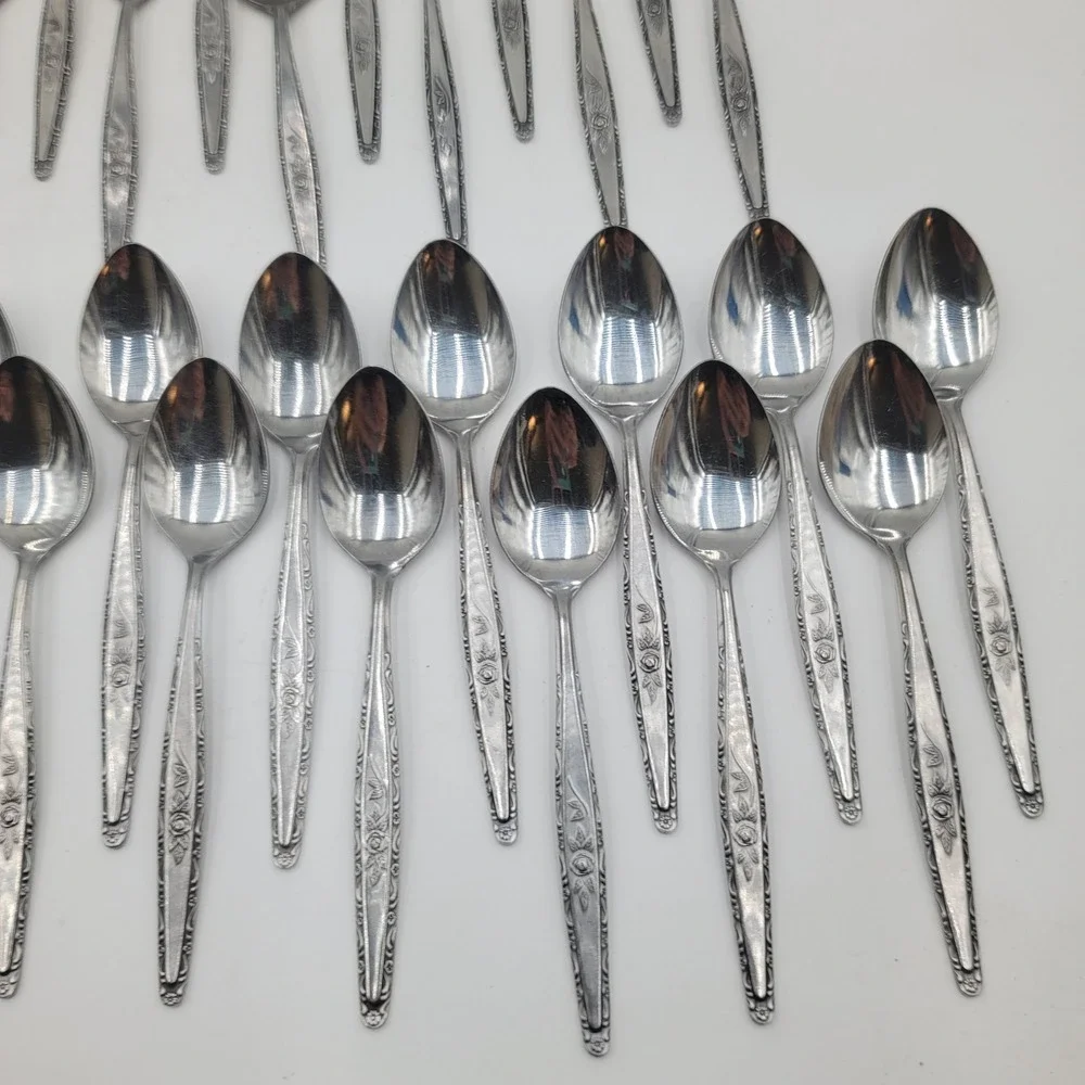 37pc SYF2 Japan Stainless Flatware Set Floral Rose Teaspoons Knives Forks